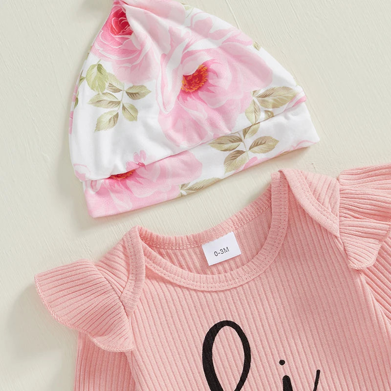 Baby Girls Long Sleeve Romper Floral Print Pants Headband & Hat Set
