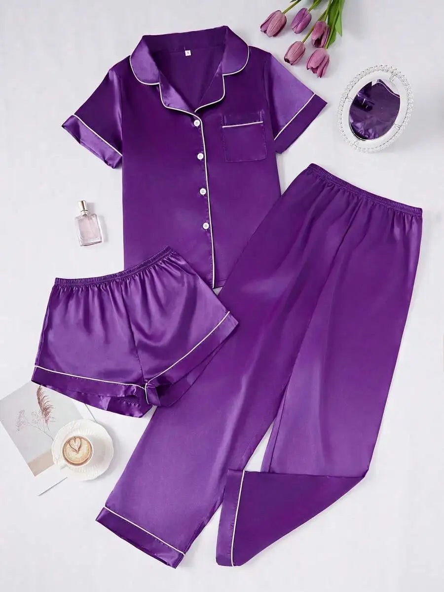 Women's 3-Piece Purple Faux Silk Pajama Set