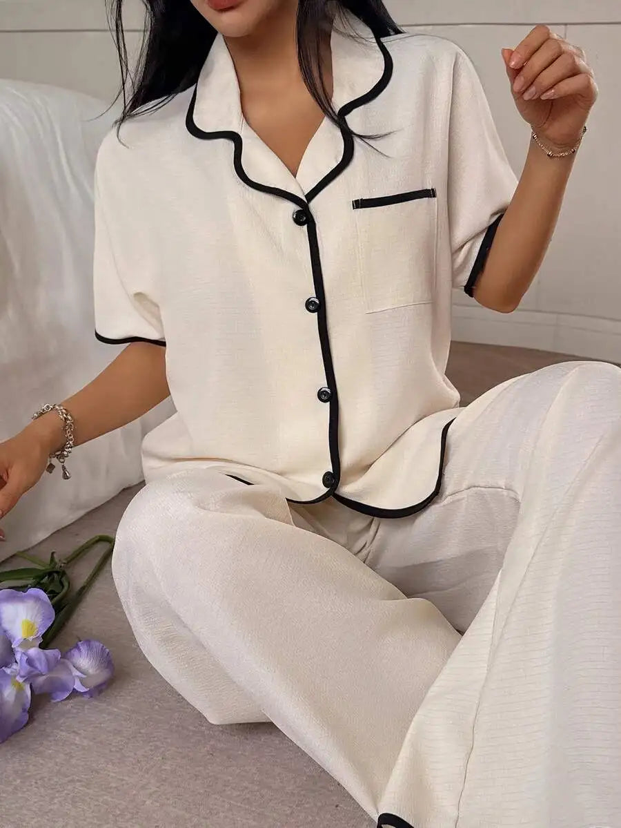 Women's Cream with Black Trimmed Short Sleeve Loose Pajama Set