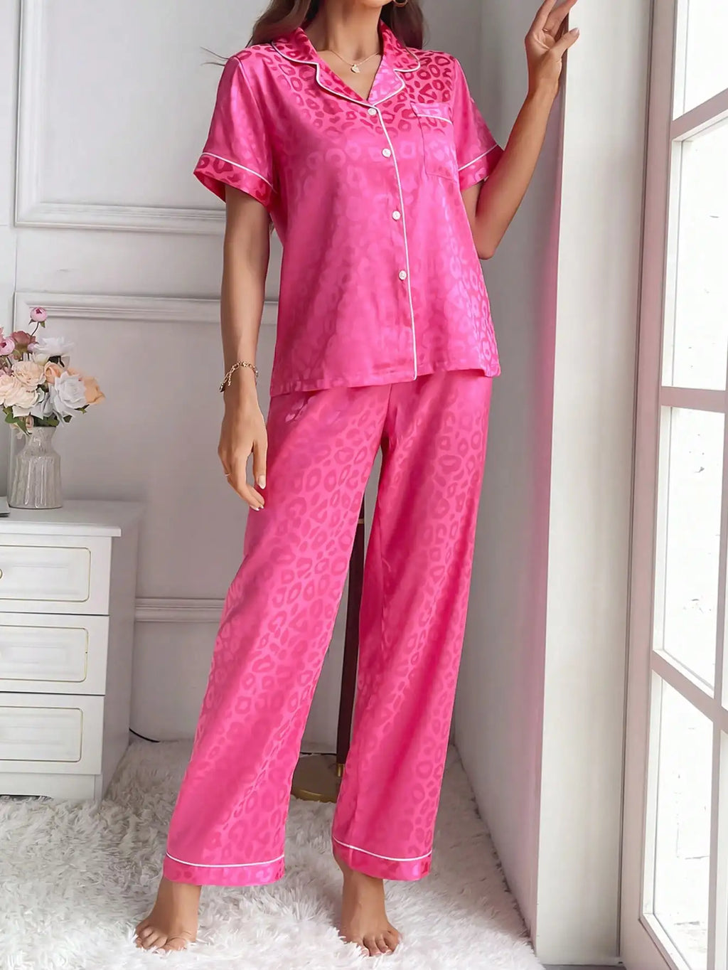 Pink Leopard Print Satin Pajama Set for Women