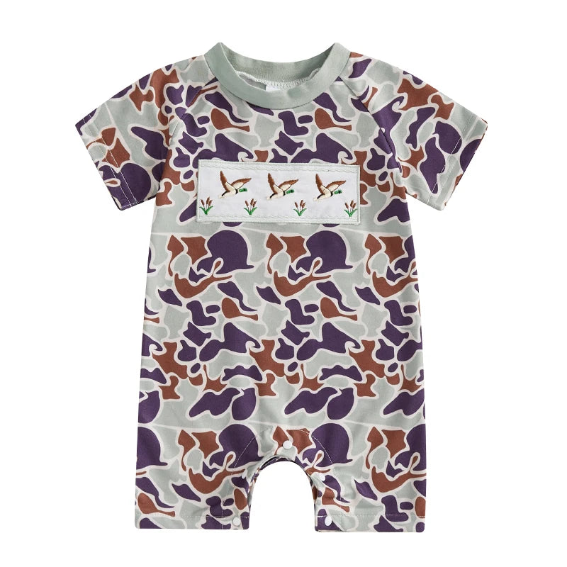 Short Sleeve Infant Boy Cotton Romper with Duck Embroidery for Summer