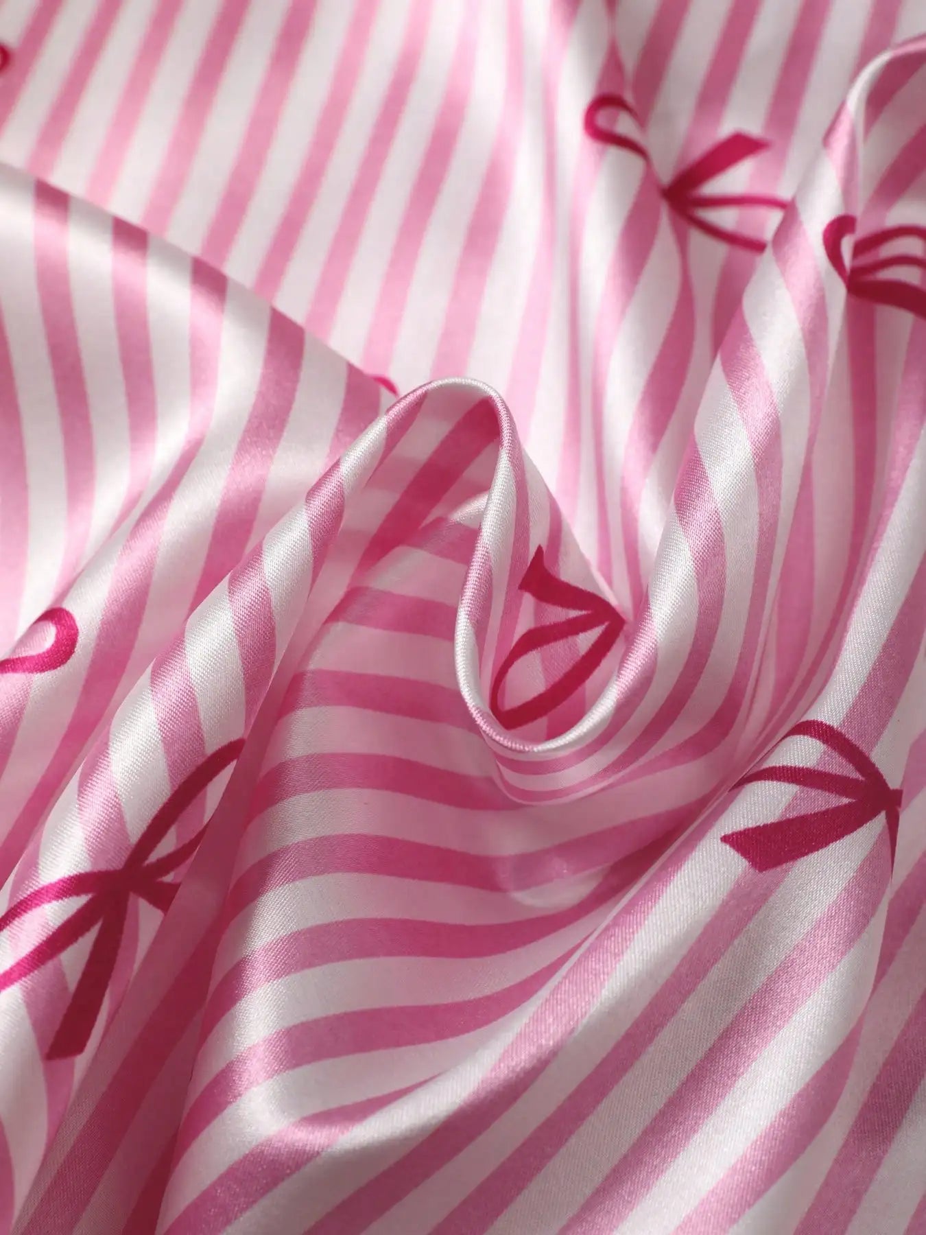 Women's Pink Stripe & Bow Print Short Sleeve Pajama Set