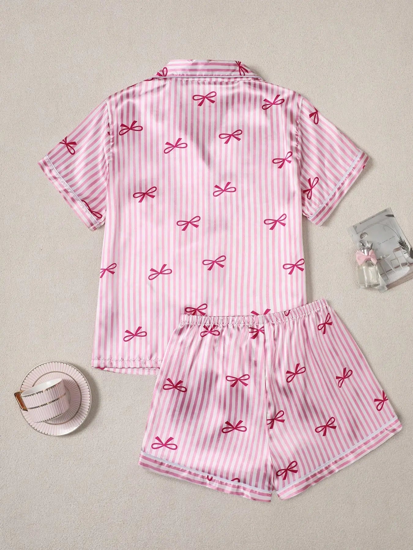 Women's Pink Stripe & Bow Print Short Sleeve Pajama Set