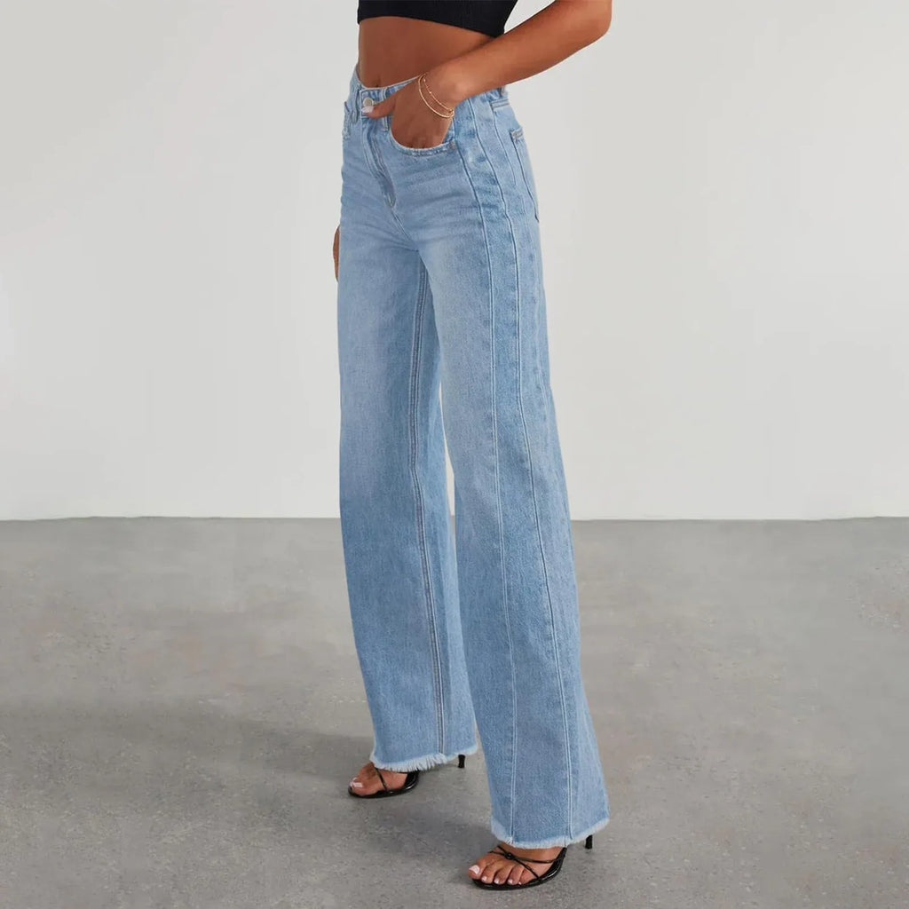 High Waist Straight Leg Frayed Hem Distressed Patchwork Women's Jeans