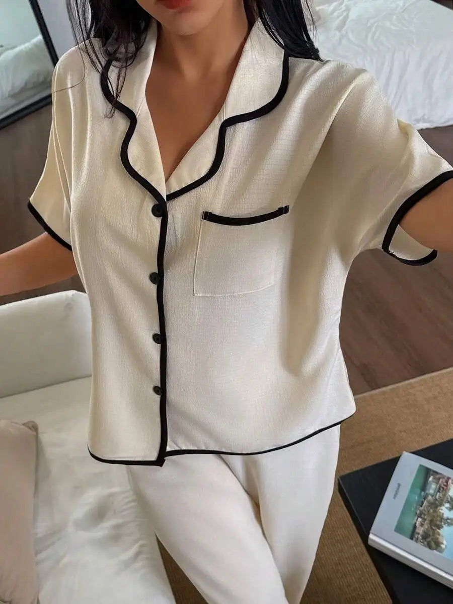 Women's Cream with Black Trimmed Short Sleeve Loose Pajama Set