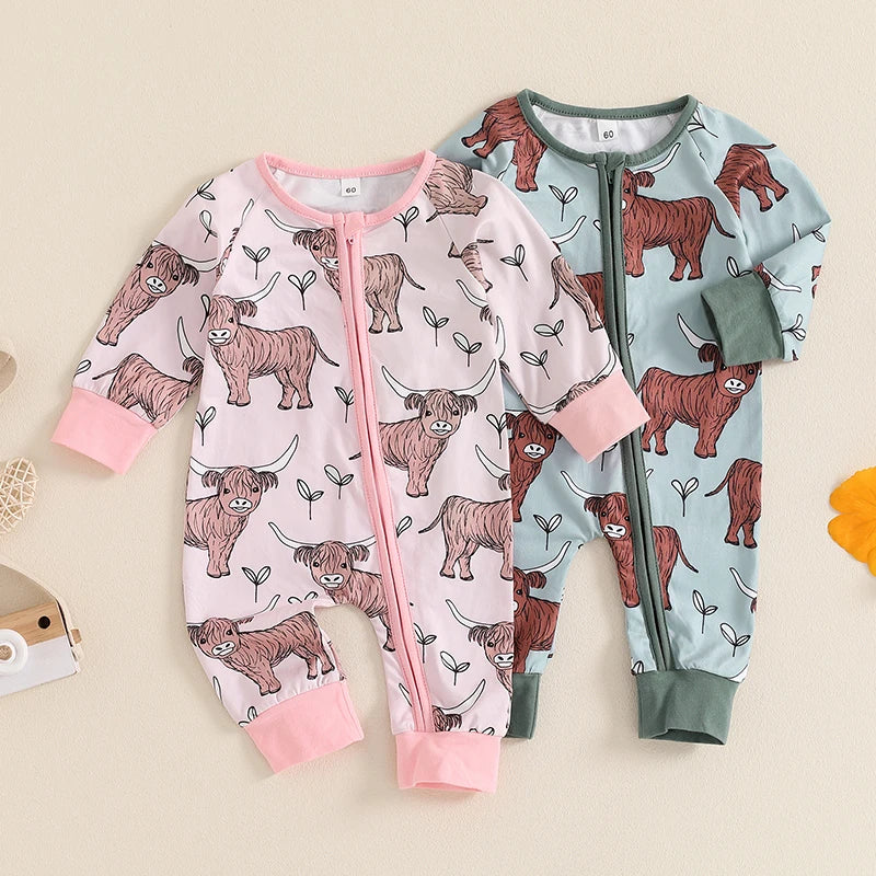 Infant Toddler Cow Print  Long Sleeve Zip-Up Romper - Unisex Baby