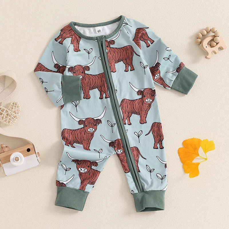 Infant Toddler Cow Print  Long Sleeve Zip-Up Romper - Unisex Baby