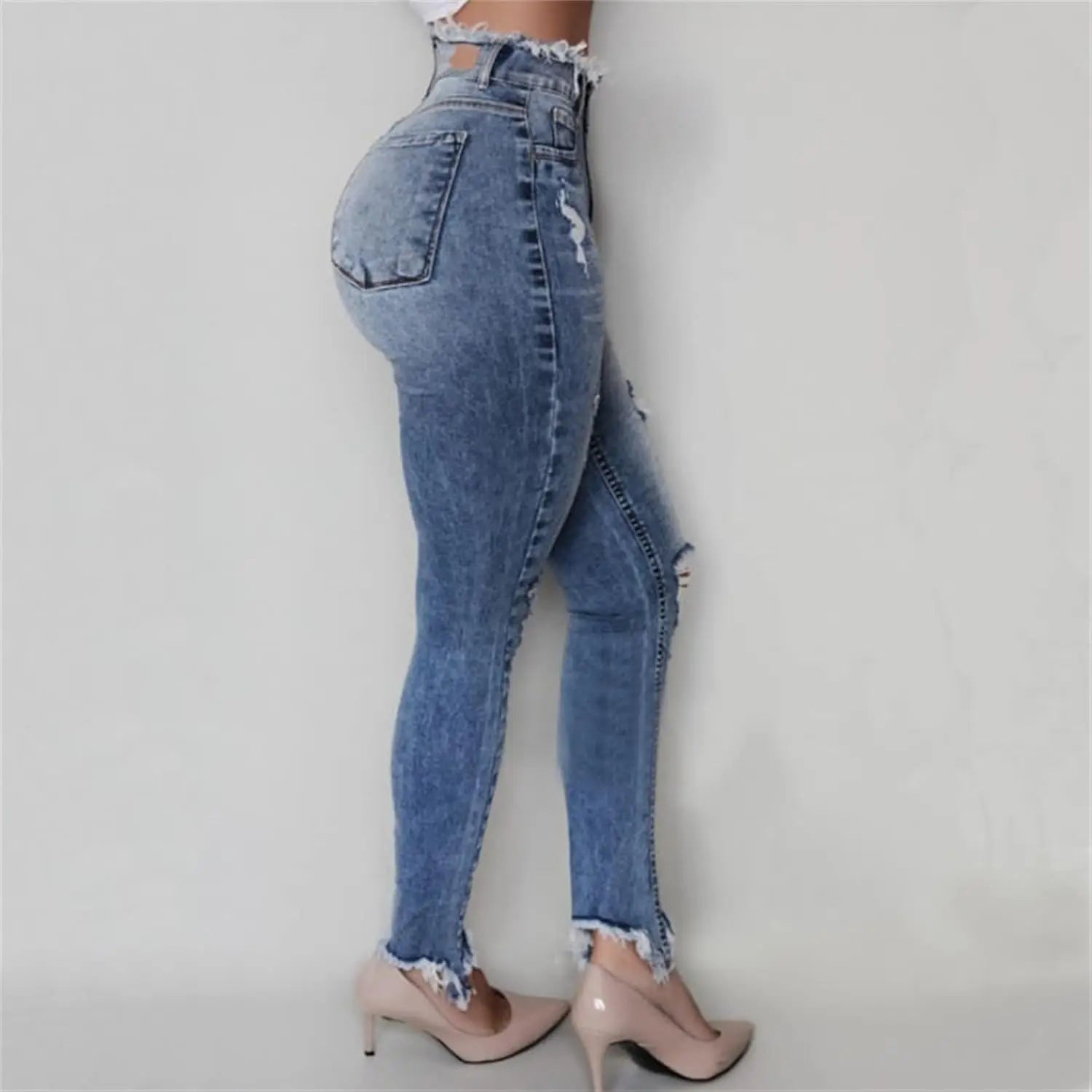 Women's high waisted fringed ripped jeans , slim fit and tight fitting style