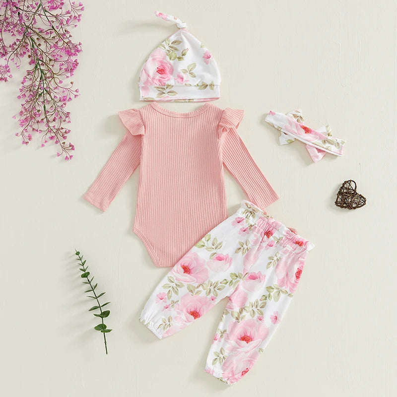 Baby Girls Long Sleeve Romper Floral Print Pants Headband & Hat Set