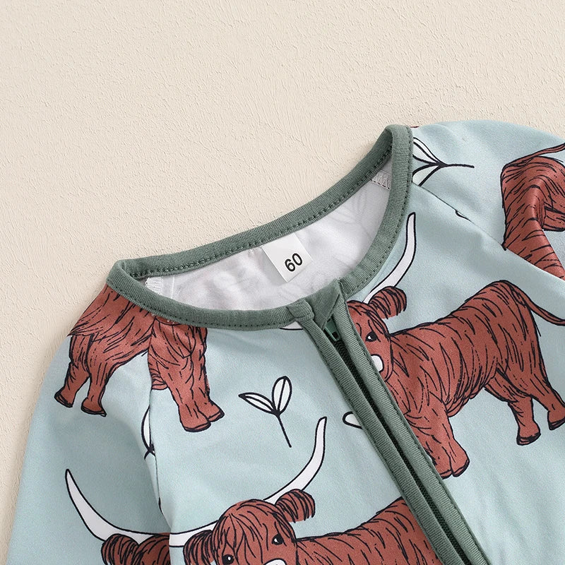 Infant Toddler Cow Print  Long Sleeve Zip-Up Romper - Unisex Baby
