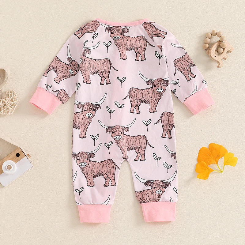Infant Toddler Cow Print  Long Sleeve Zip-Up Romper - Unisex Baby