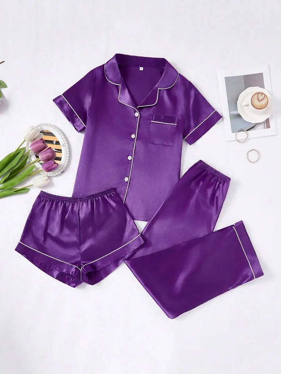 Women's 3-Piece Purple Faux Silk Pajama Set