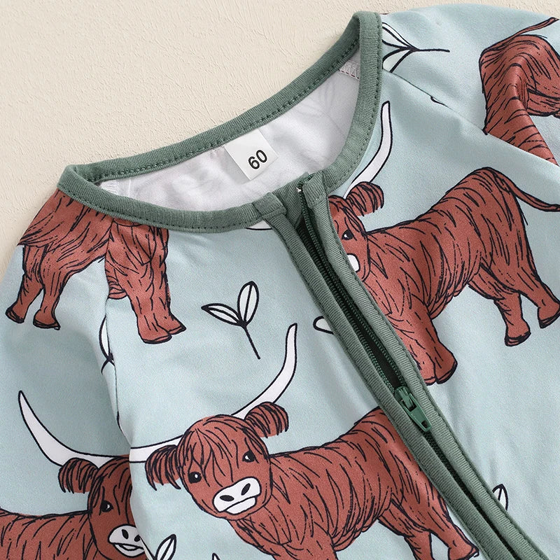 Infant Toddler Cow Print  Long Sleeve Zip-Up Romper - Unisex Baby