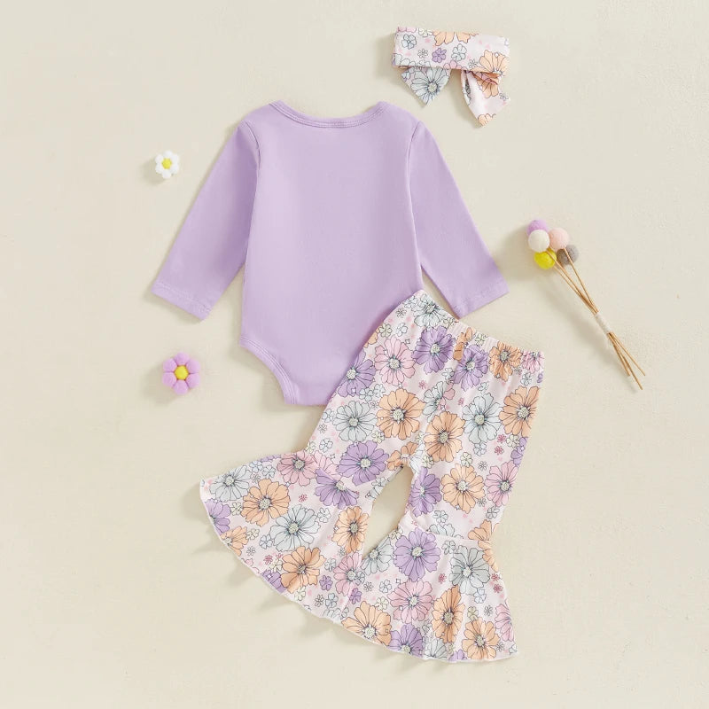 Baby Girl Long Sleeve Romper with Flare Pants and Headband