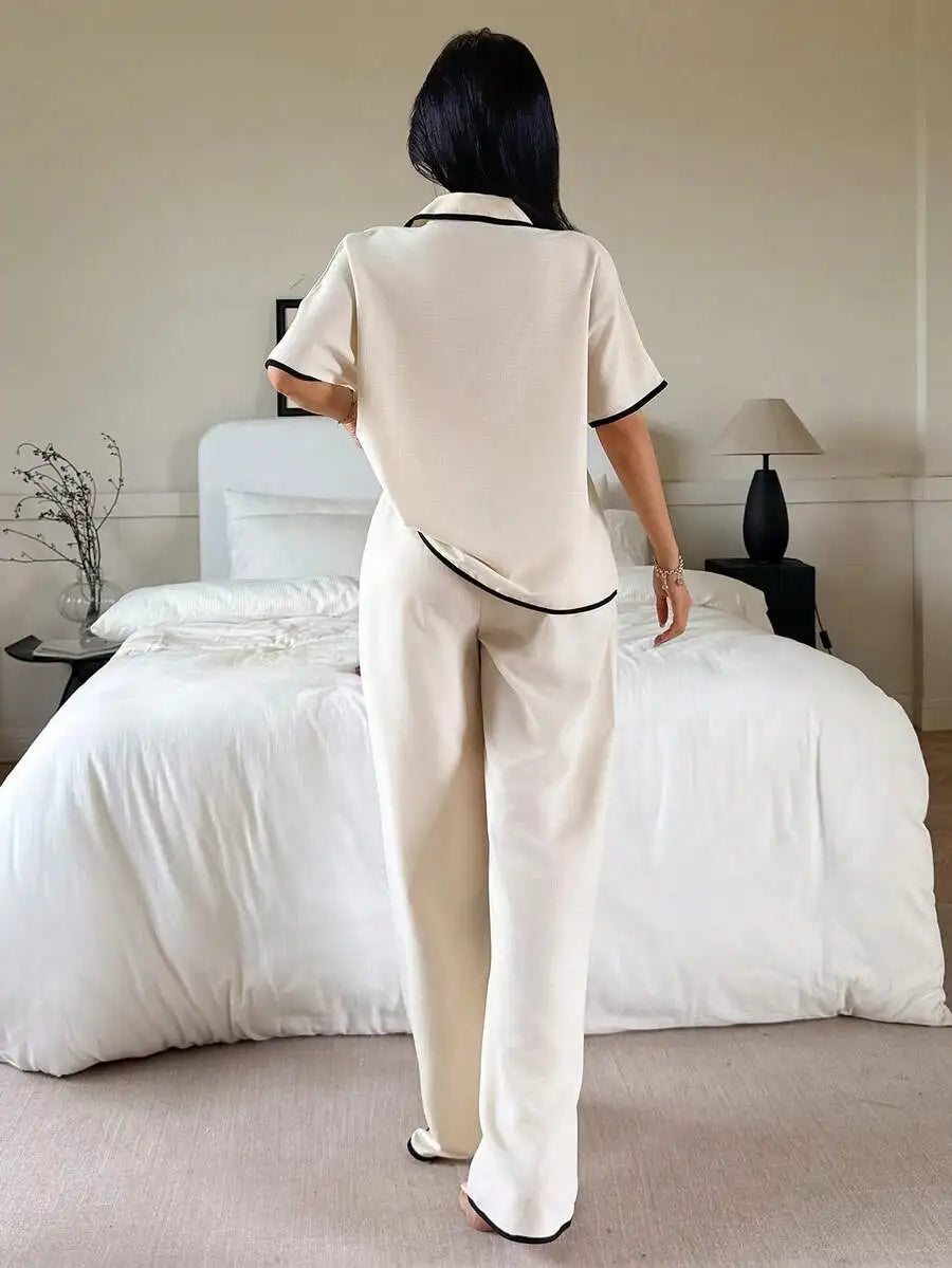 Women's Cream with Black Trimmed Short Sleeve Loose Pajama Set