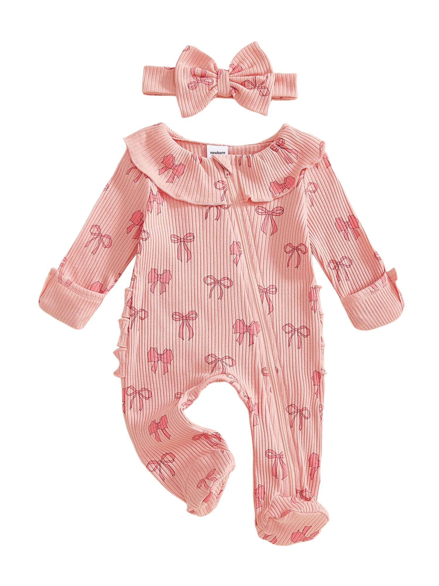 Adorable Baby Girls 2 Piece Long Sleeve Bow Print Romper with Headband