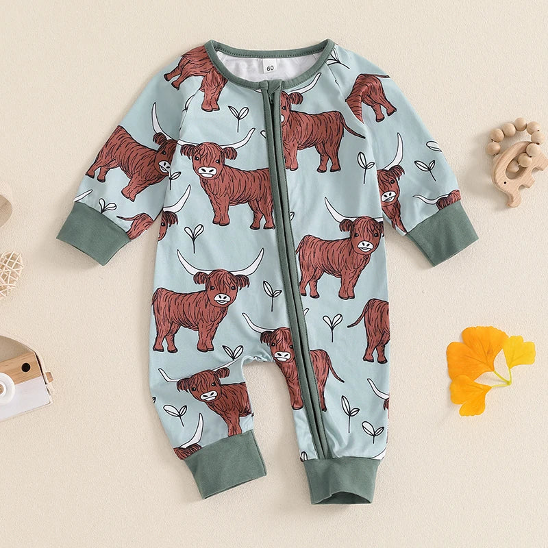 Infant Toddler Cow Print  Long Sleeve Zip-Up Romper - Unisex Baby