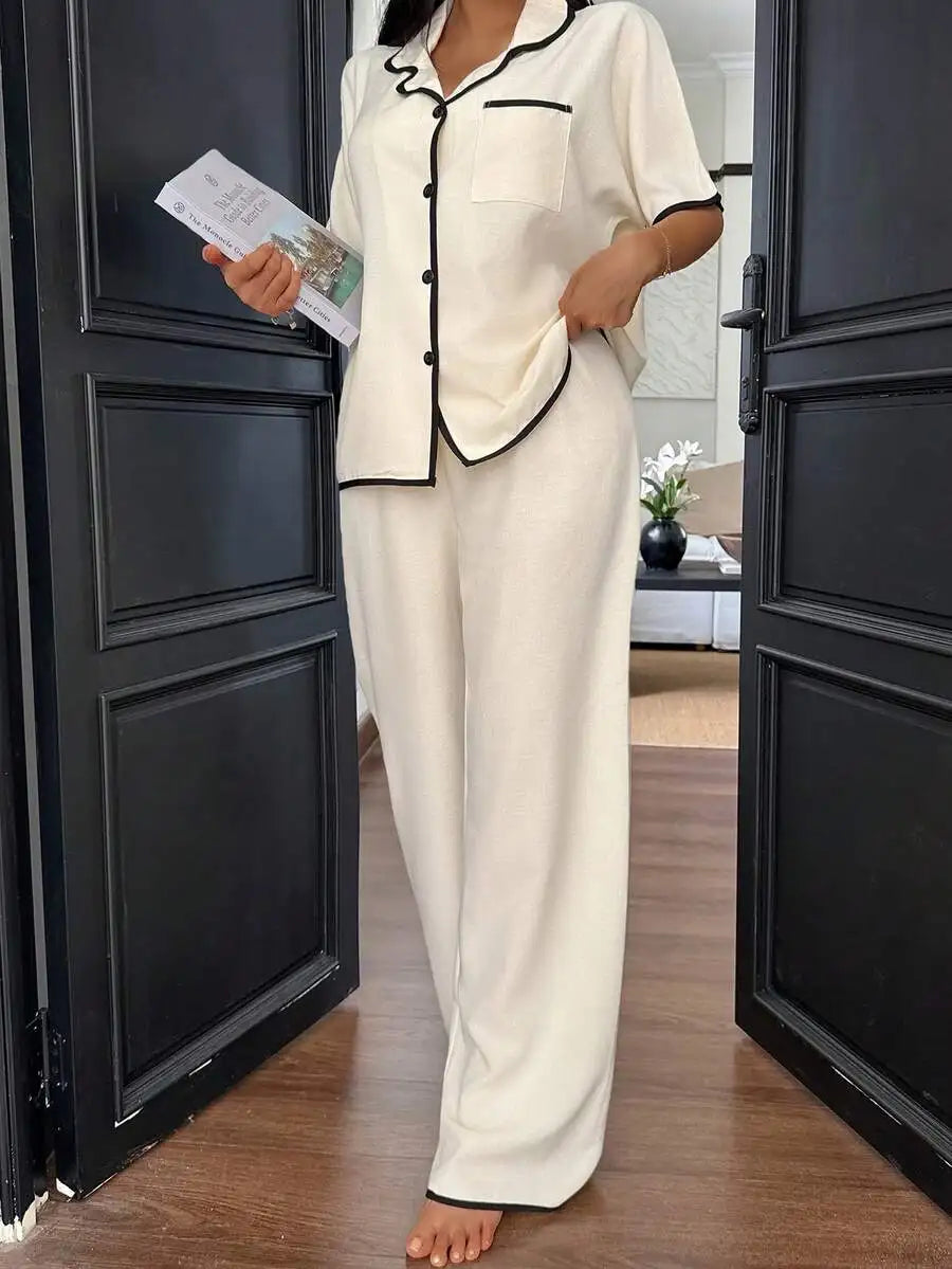 Women's Cream with Black Trimmed Short Sleeve Loose Pajama Set
