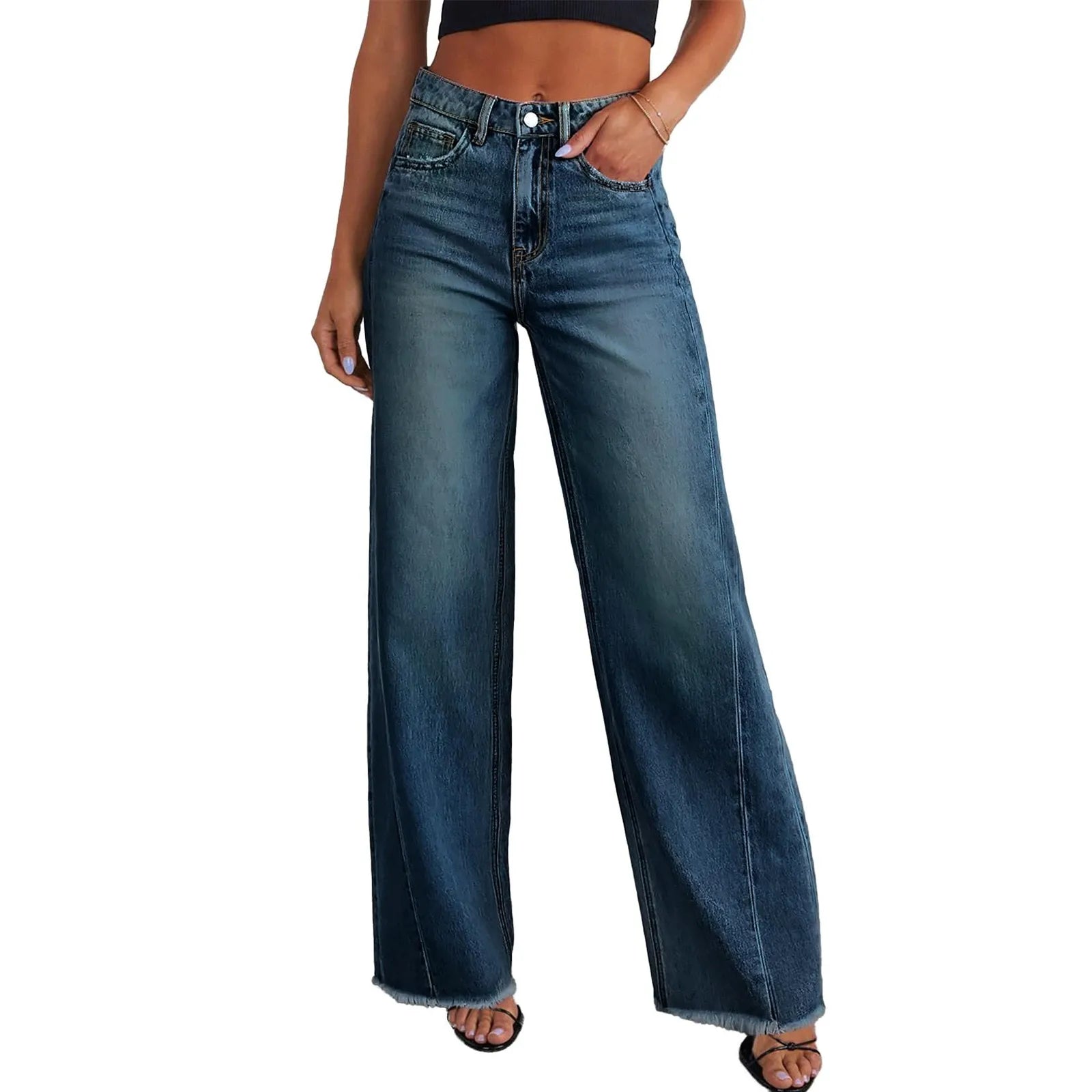 High Waist Straight Leg Frayed Hem Distressed Patchwork Women's Jeans
