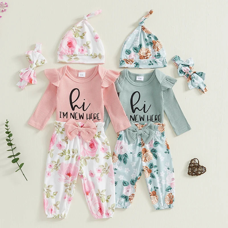 Baby Girls Long Sleeve Romper Floral Print Pants Headband & Hat Set