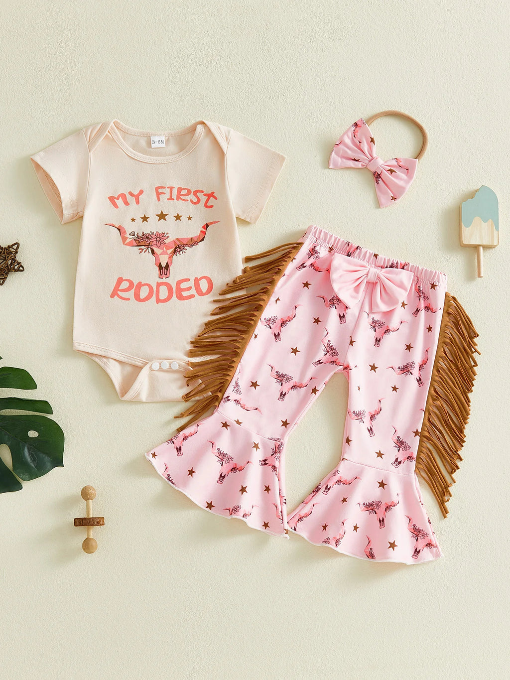 Western Short Sleeve Romper Set with Bull Head for Toddler Girls