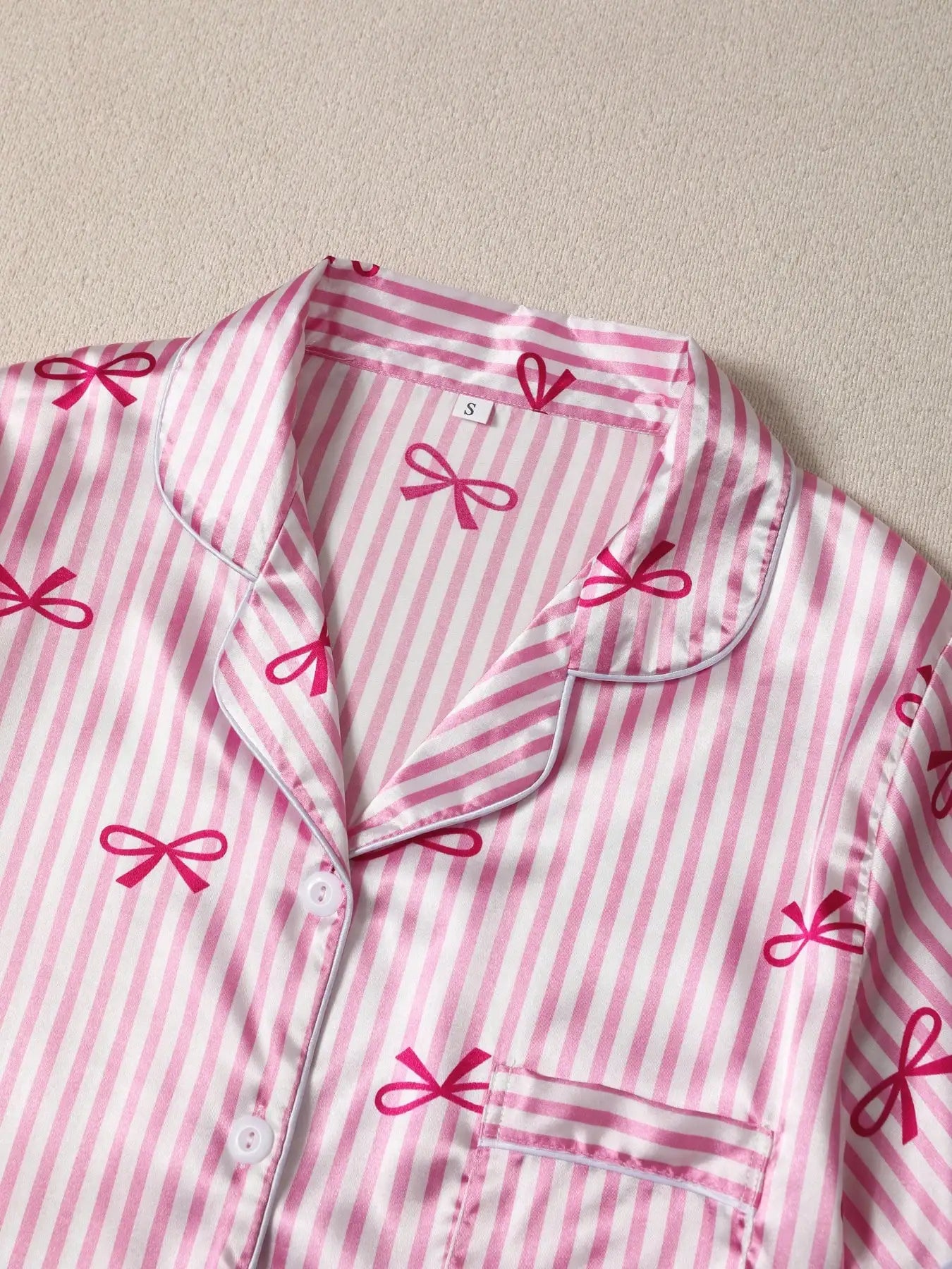 Women's Pink Stripe & Bow Print Short Sleeve Pajama Set