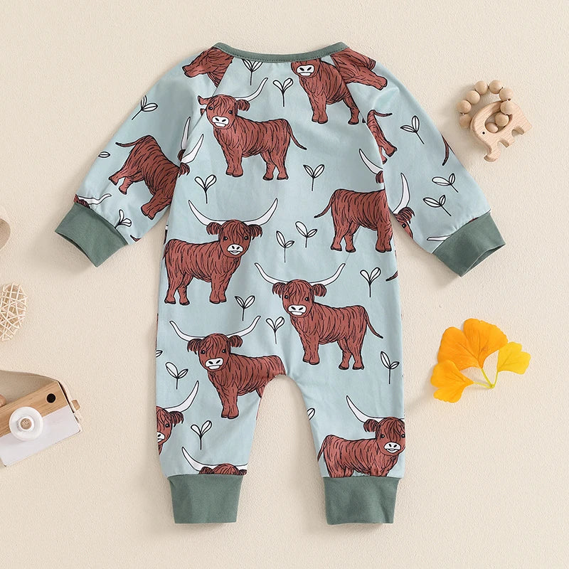 Infant Toddler Cow Print  Long Sleeve Zip-Up Romper - Unisex Baby