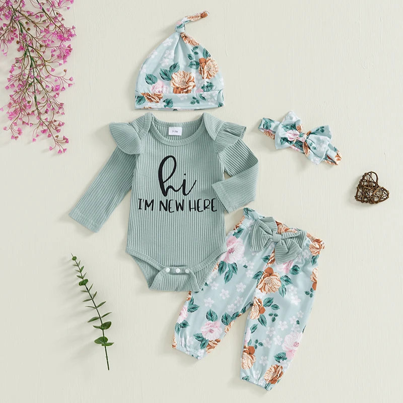 Baby Girls Long Sleeve Romper Floral Print Pants Headband & Hat Set
