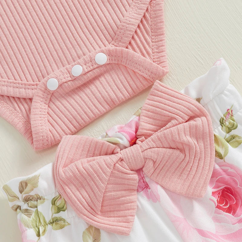 Baby Girls Long Sleeve Romper Floral Print Pants Headband & Hat Set
