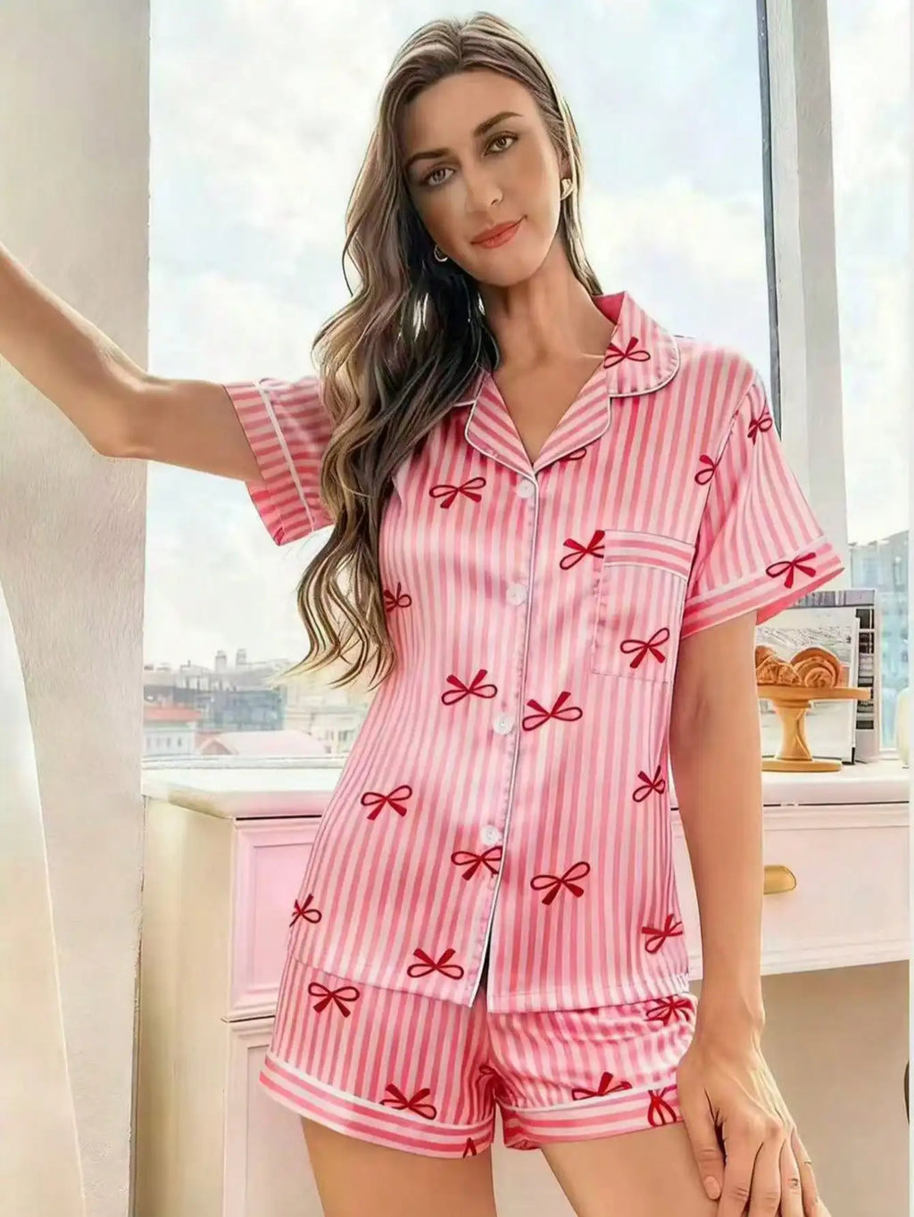 Women's Pink Stripe & Bow Print Short Sleeve Pajama Set