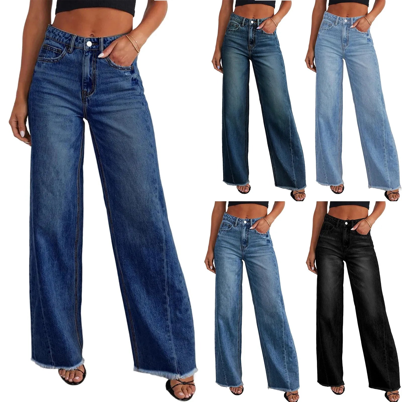 High Waist Straight Leg Frayed Hem Distressed Patchwork Women's Jeans
