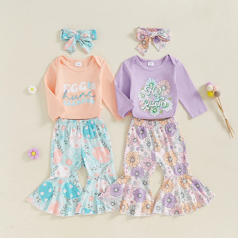 Baby Girl Long Sleeve Romper with Flare Pants and Headband