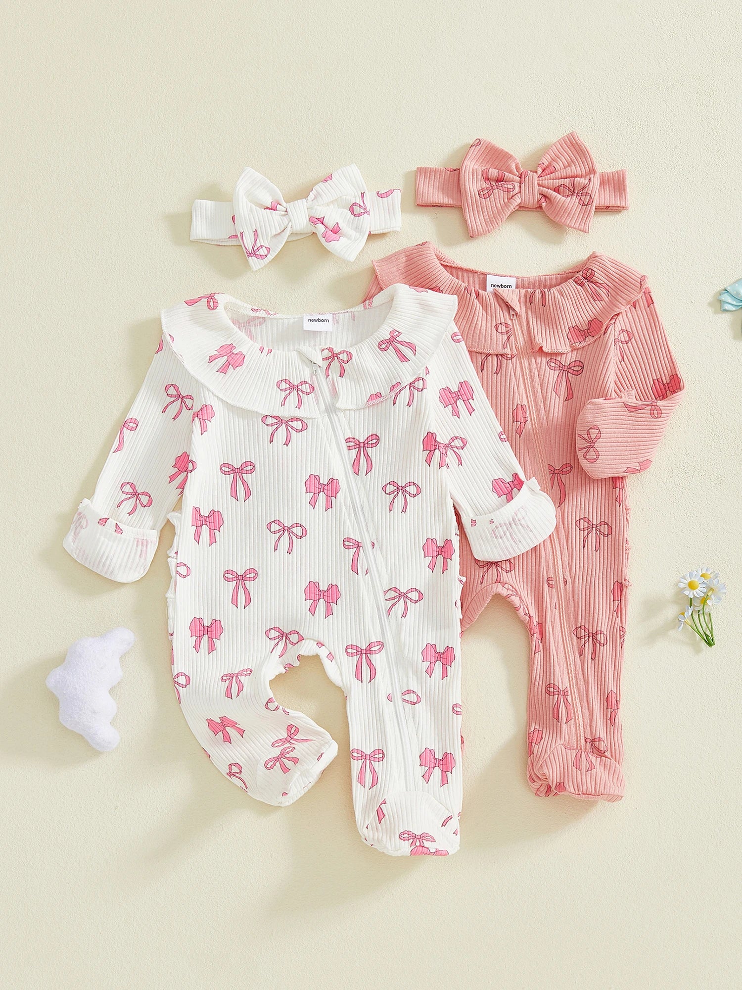Adorable Baby Girls 2 Piece Long Sleeve Bow Print Romper with Headband