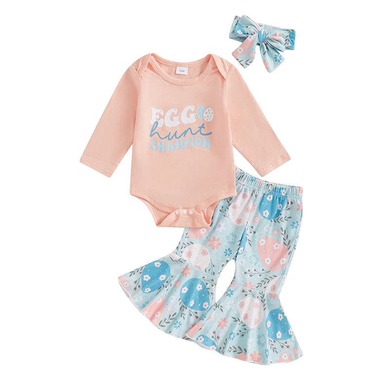 Baby Girl Long Sleeve Romper with Flare Pants and Headband