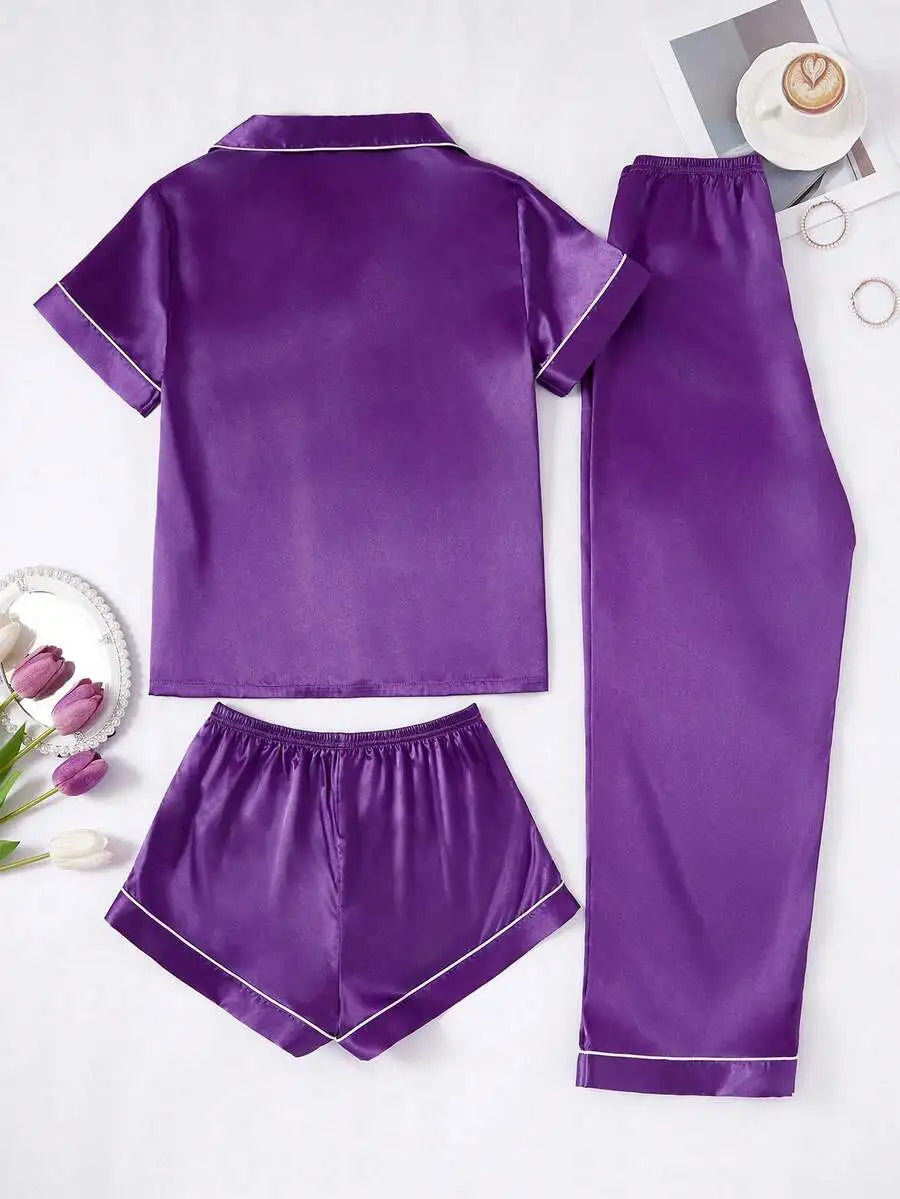 Women's 3-Piece Purple Faux Silk Pajama Set