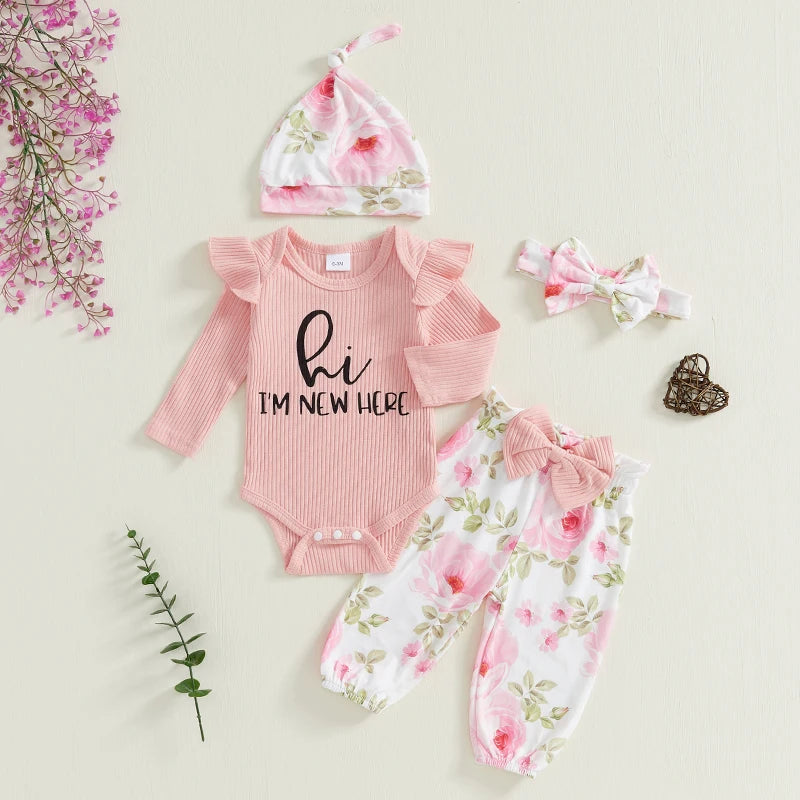 Baby Girls Long Sleeve Romper Floral Print Pants Headband & Hat Set