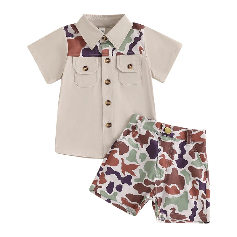 Infant Boys Camo Print Short Sleeve Shirt and Shorts Set