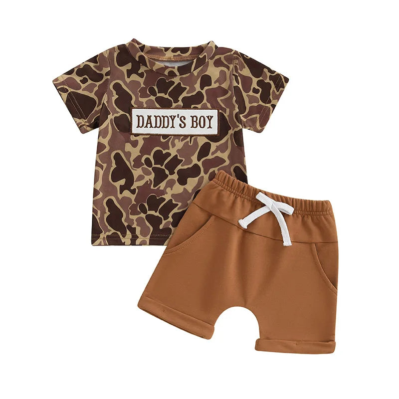 Boys Short Sleeve Camouflage Top and Drawstring Shorts Set