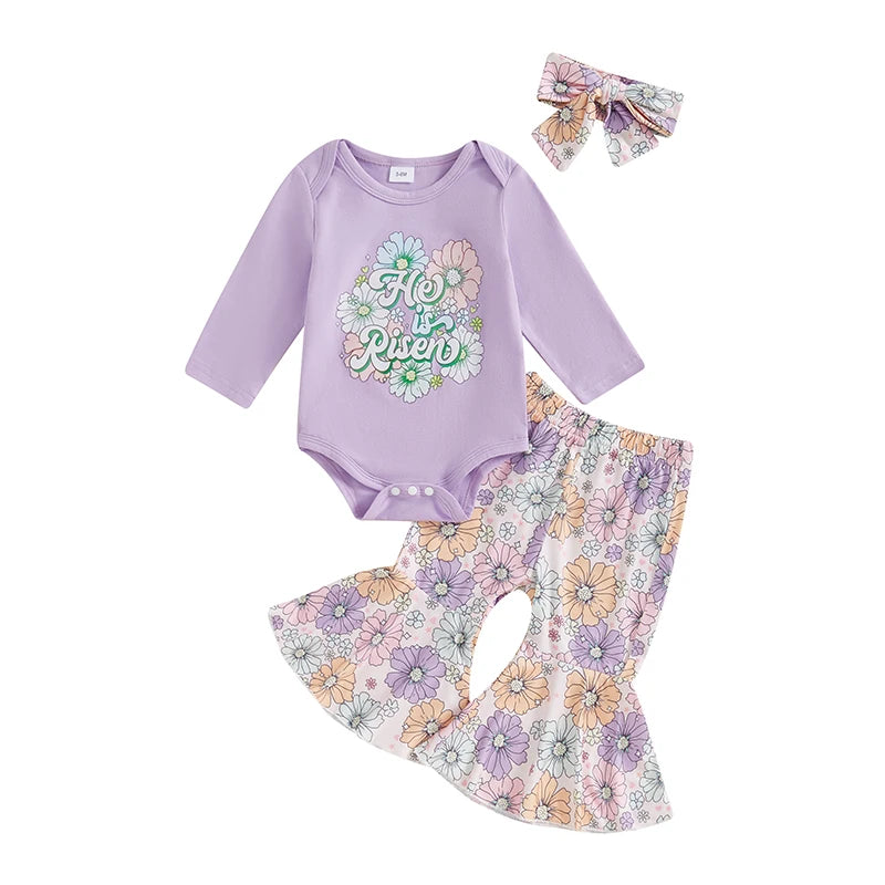 Baby Girl Long Sleeve Romper with Flare Pants and Headband