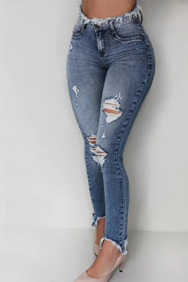 Women's high waisted fringed ripped jeans , slim fit and tight fitting style