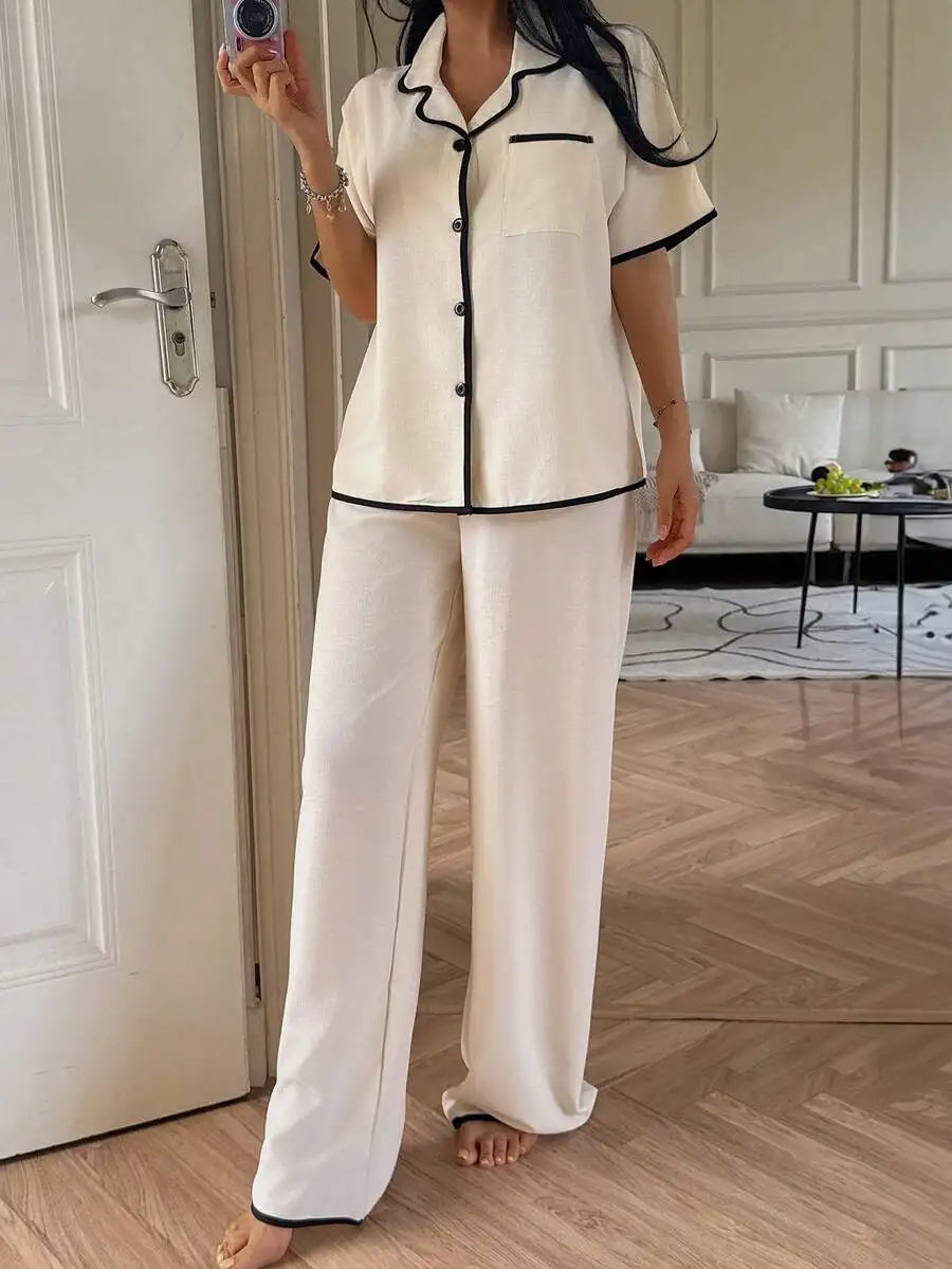 Women's Cream with Black Trimmed Short Sleeve Loose Pajama Set