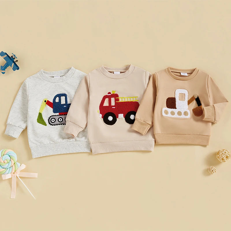 Boys Long Sleeve Crewneck Pullover with Vehicle Detail