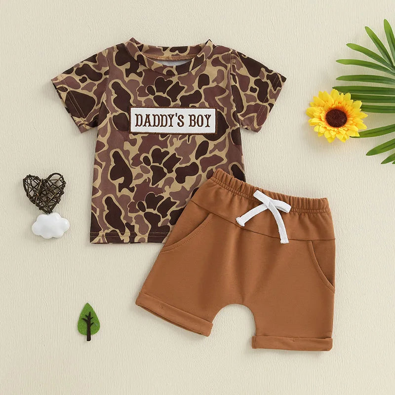Boys Short Sleeve Camouflage Top and Drawstring Shorts Set