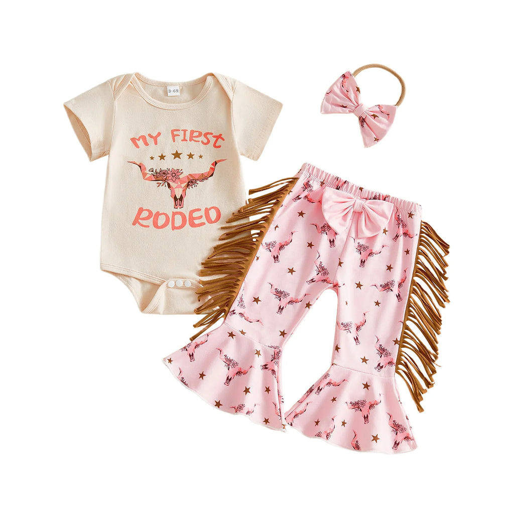 Western Short Sleeve Romper Set with Bull Head for Toddler Girls