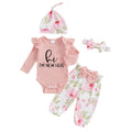 Baby Girls Long Sleeve Romper Floral Print Pants Headband & Hat Set