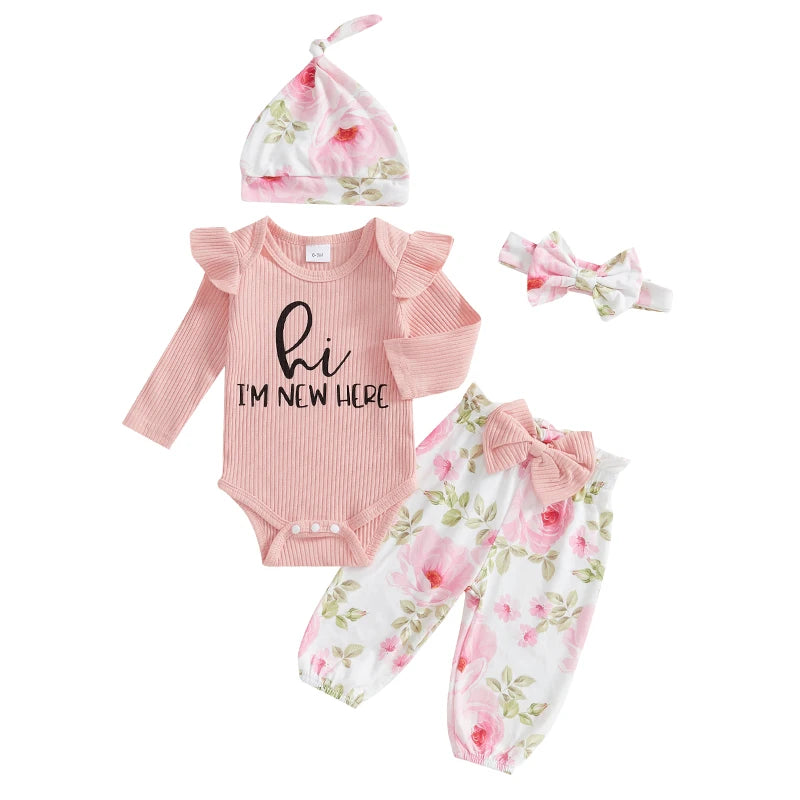 Baby Girls Long Sleeve Romper Floral Print Pants Headband & Hat Set