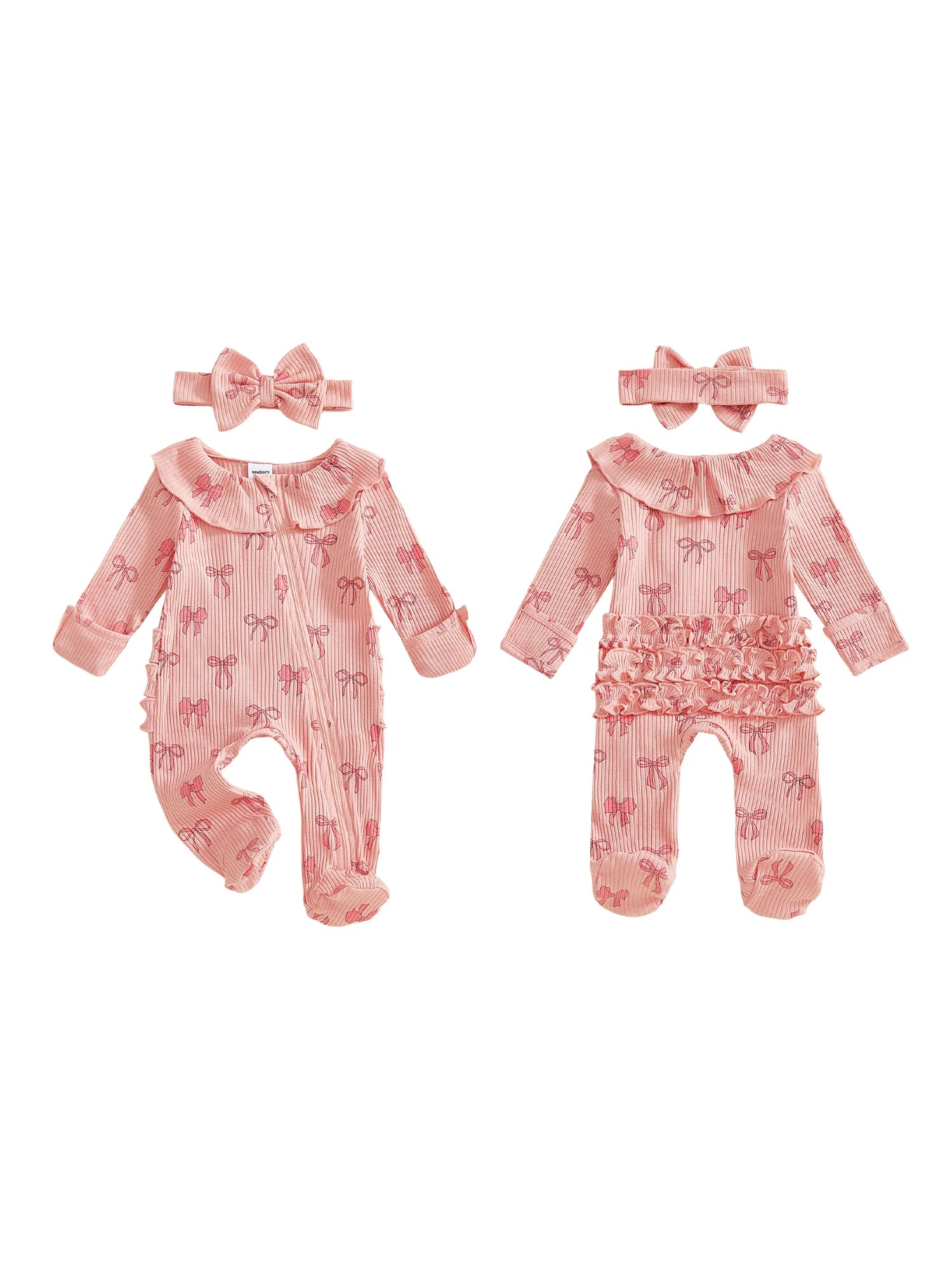 Adorable Baby Girls 2 Piece Long Sleeve Bow Print Romper with Headband