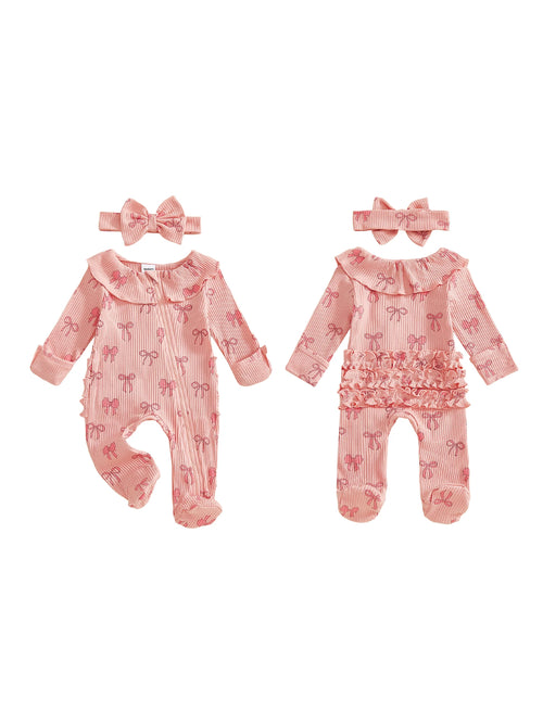 Adorable Baby Girls 2 Piece Long Sleeve Bow Print Romper with Headband