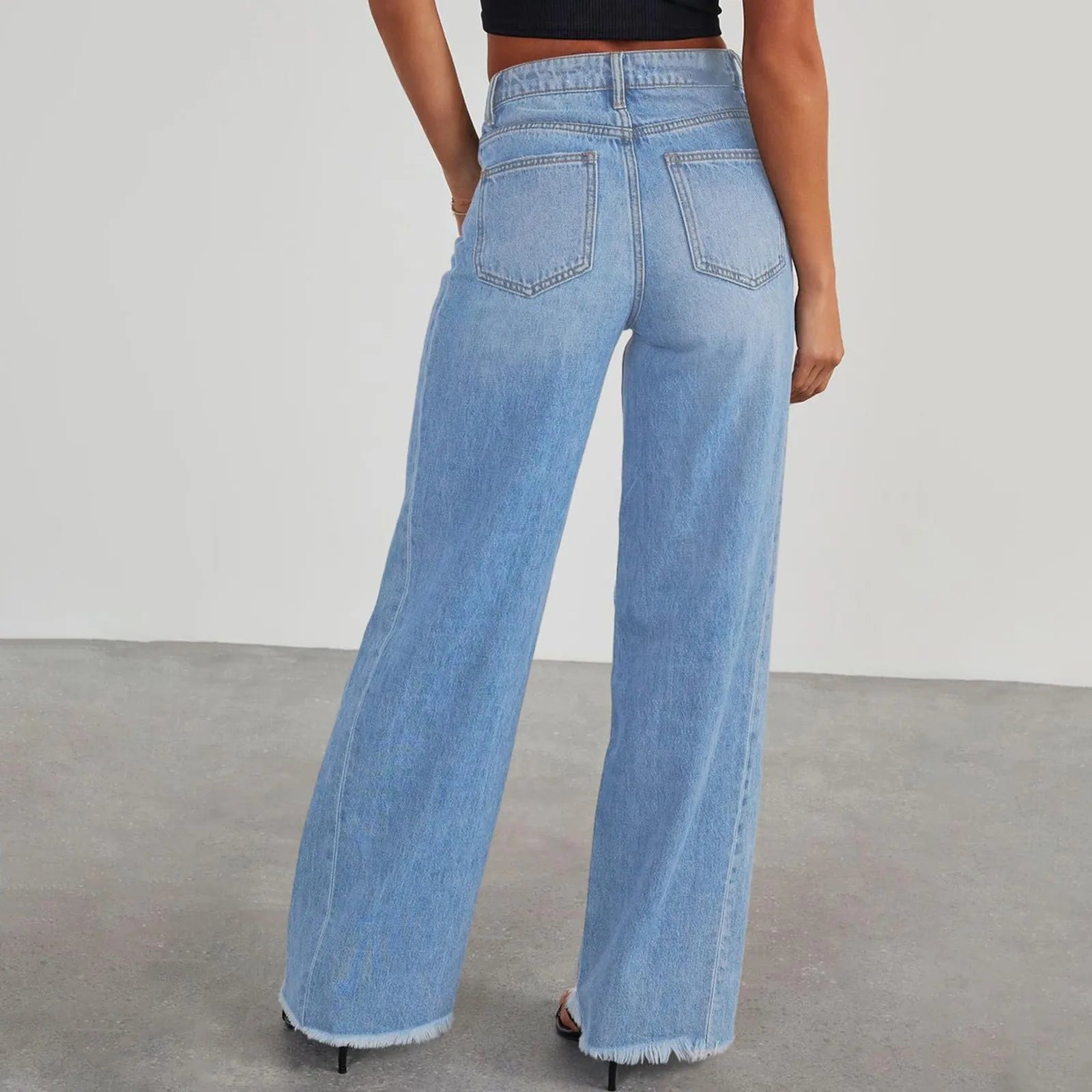 High Waist Straight Leg Frayed Hem Distressed Patchwork Women's Jeans