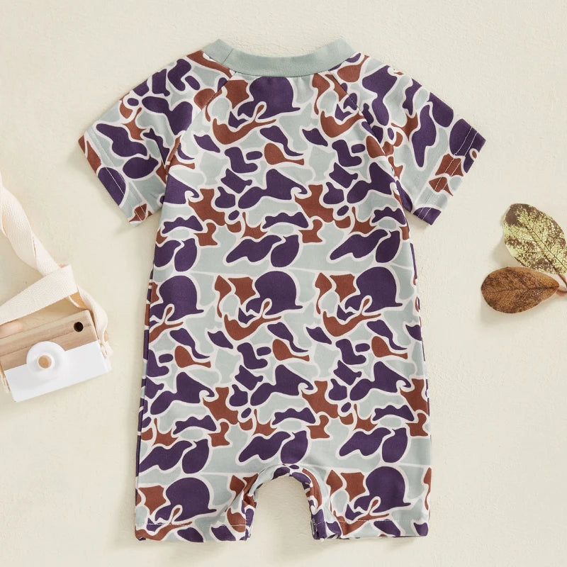 Short Sleeve Infant Boy Cotton Romper with Duck Embroidery for Summer